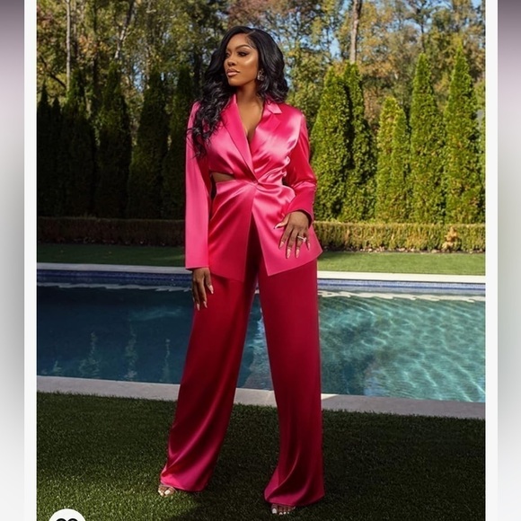 Porsha Williams The Drop Hot Pink Satin two piece co ord set power pantsuit - Picture 9 of 16